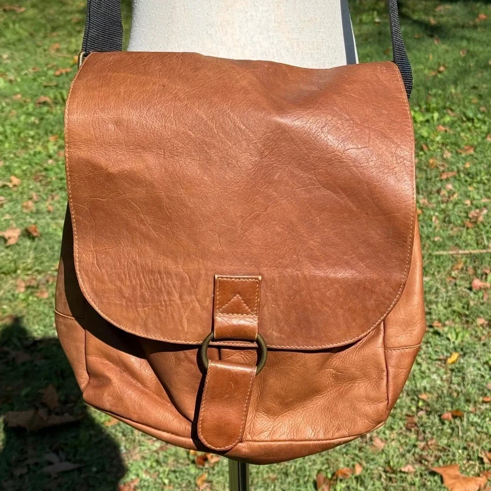 Leather Messenger Bag Cognac Brown Crossbody Flap O-Ring Made in Colombia